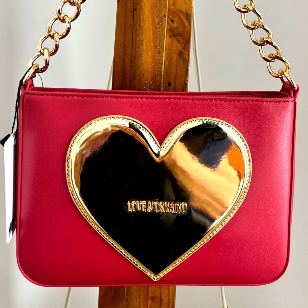 LOVE MOSCHINO Red with Gold Heart Zippered Vegan Leather Handbag/Crossbody--NWT - Picture 12 of 16